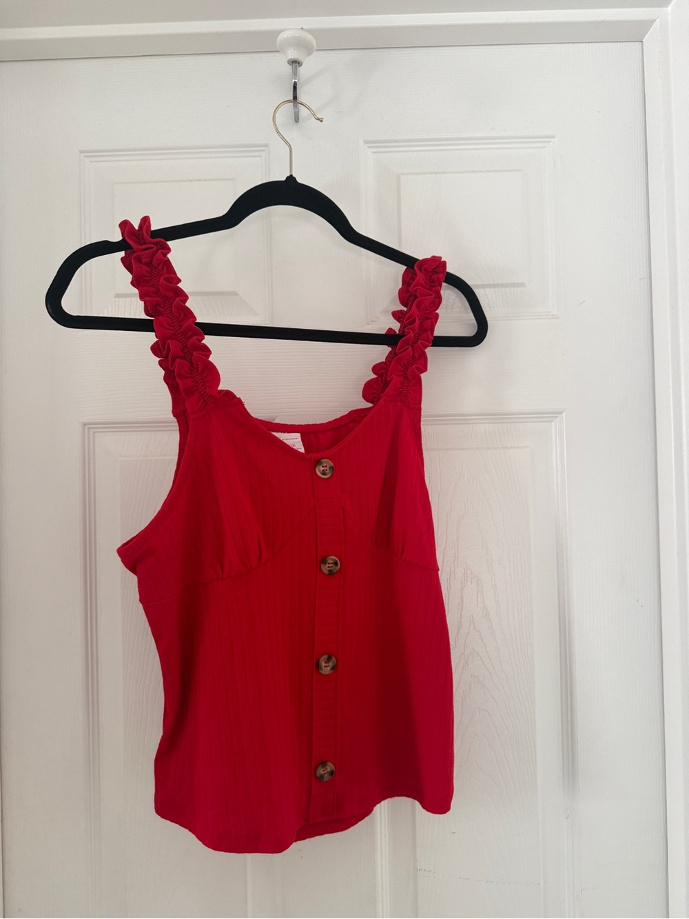NWT No Boundaries Red Ribbed Ruffle Strap Button Tank Top